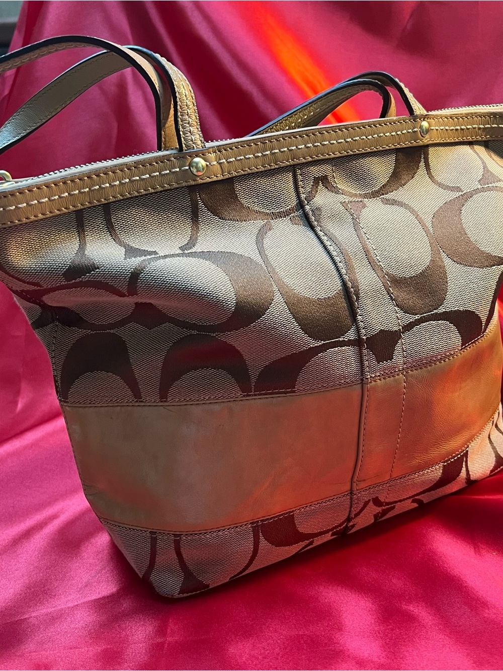 Coach Signature Canvas Tote in Khaki and Chalk with Leather Trim
